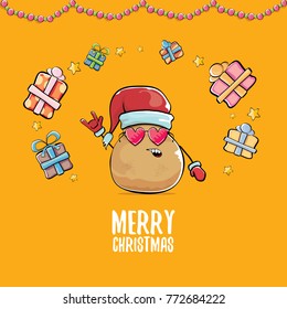 vector funky comic cartoon cute brown smiling santa claus potato with red santa hat, gifts and calligraphic merry christmas text isolated on orange background. vegetable funky christmas character