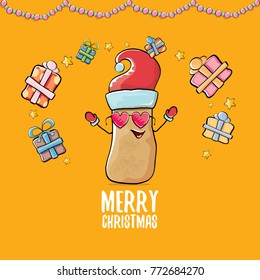 vector funky comic cartoon cute brown smiling santa claus potato with red santa hat, gifts and calligraphic merry christmas text isolated on orange background. vegetable funky christmas character