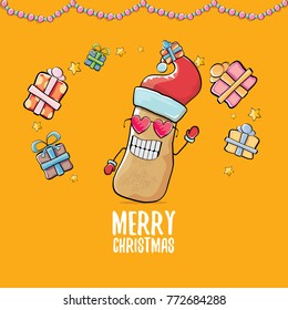 vector funky comic cartoon cute brown smiling santa claus potato with red santa hat, gifts and calligraphic merry christmas text isolated on orange background. vegetable funky christmas character