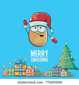 vector funky comic cartoon cute brown smiling santa claus potato with red santa hat, gifts, tree and calligraphic merry christmas text isolated on blue background. vegetable funky christmas character