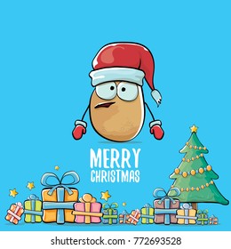 vector funky comic cartoon cute brown smiling santa claus potato with red santa hat, gifts, tree and calligraphic merry christmas text isolated on blue background. vegetable funky christmas character