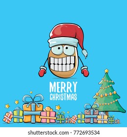 vector funky comic cartoon cute brown smiling santa claus potato with red santa hat, gifts, tree and calligraphic merry christmas text isolated on blue background. vegetable funky christmas character
