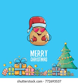 vector funky comic cartoon cute brown smiling santa claus potato with red santa hat, gifts, tree and calligraphic merry christmas text isolated on blue background. vegetable funky christmas character