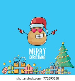 vector funky comic cartoon cute brown smiling santa claus potato with red santa hat, gifts, tree and calligraphic merry christmas text isolated on blue background. vegetable funky christmas character