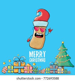 vector funky comic cartoon cute brown smiling santa claus potato with red santa hat, gifts, tree and calligraphic merry christmas text isolated on blue background. vegetable funky christmas character