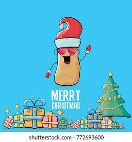 vector funky comic cartoon cute brown smiling santa claus potato with red santa hat, gifts, tree and calligraphic merry christmas text isolated on blue background. vegetable funky christmas character