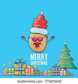 vector funky comic cartoon cute brown smiling santa claus potato with red santa hat, gifts, tree and calligraphic merry christmas text isolated on blue background. vegetable funky christmas character
