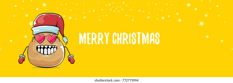 vector funky comic cartoon cute brown smiling santa claus potato with red santa hat and calligraphic merry christmas text isolated on horizontal orange background. vegetable funky christmas character