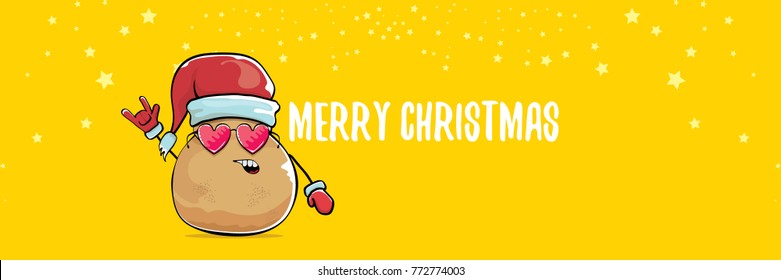 vector funky comic cartoon cute brown smiling santa claus potato with red santa hat and calligraphic merry christmas text isolated on horizontal orange background. vegetable funky christmas character