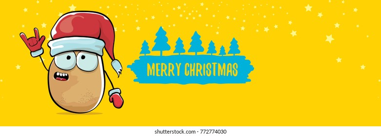 vector funky comic cartoon cute brown smiling santa claus potato with red santa hat and calligraphic merry christmas text isolated on horizontal orange background. vegetable funky christmas character