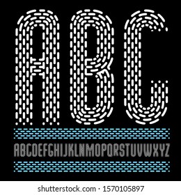 Vector funky condensed capital English alphabet letters, abc collection. Rounded bold type font, script from a to z can be used in retro poster design. Created using dashes, parallel lines.