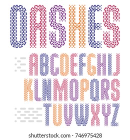 Vector funky condensed capital English alphabet letters collection. Rounded bold retro font, typescript can be used in art creation. Created using dashes, parallel lines.