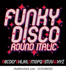 Vector funky cursive alphabet letters set with parallel lines, can be used in poster creation for discotheque of 70s and 80s.