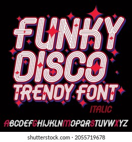 Vector funky cursive capital alphabet letters collection with parallel lines, can be used for logo creation in entertainment business 