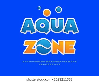 Vector Funky emblem Aqua Zone. Blue and White Modern Font. Kids Uppercase White Alphabet Letters and Numbers set.