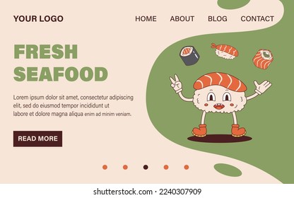 Mascota de sushi nigiri funky vectorial en estilo retro. Plantilla web de la página de inicio de Groovy. Diseño del sitio web. El sushi de salmón es de los años 70. Sushi de Maki y sushi de filadelfia.