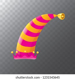 vector funky orange and pink stripped cartoon christmas elf hat isolated on transparent background. vector kids colorful elf hat icon or label. Christmas decorative design element for banner or poster