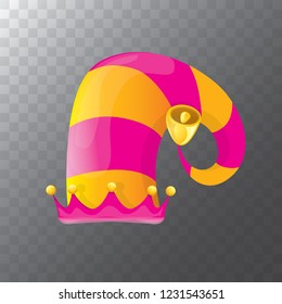 vector funky orange and pink stripped cartoon christmas elf hat isolated on transparent background. vector kids colorful elf hat icon or label. Christmas decorative design element for banner or poster