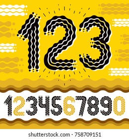 Vector funky, ornate numbers collection. Rounded bold numerals from 0 to 9 can be used in retro, disco, pop poster design. Made with flowing lines.