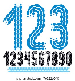 Vector funky, ornate numbers collection. Rounded bold numerals from 0 to 9 can be used in retro, disco, pop poster design. Created using waves, flowing lines.