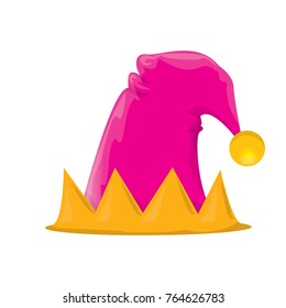 vector funky pink and orange stripped cartoon christmas elf hat isolated on white background. vector kids colorful elf hat icon or label. Christmas decorative design element for banner or poster