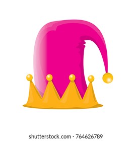 vector funky pink and orange stripped cartoon christmas elf hat isolated on white background. vector kids colorful elf hat icon or label. Christmas decorative design element for banner or poster