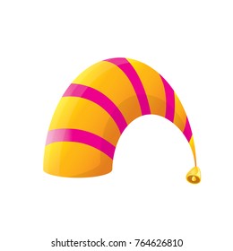 vector funky pink and orange stripped cartoon christmas elf hat isolated on white background. vector kids colorful elf hat icon or label. Christmas decorative design element for banner or poster