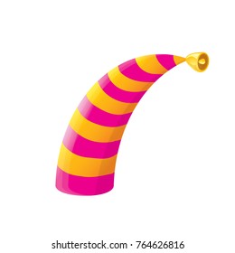 vector funky pink and orange stripped cartoon christmas elf hat isolated on white background. vector kids colorful elf hat icon or label. Christmas decorative design element for banner or poster