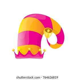 vector funky pink and orange stripped cartoon christmas elf hat isolated on white background. vector kids colorful elf hat icon or label. Christmas decorative design element for banner or poster