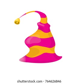 vector funky pink and orange stripped cartoon christmas elf hat isolated on white background. vector kids colorful elf hat icon or label. Christmas decorative design element for banner or poster