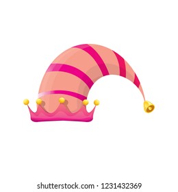 vector funky pink stripped cartoon christmas elf hat isolated on white background. vector kids colorful elf hat icon or label. Christmas decorative design element for banner or poster