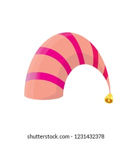vector funky pink stripped cartoon christmas elf hat isolated on white background. vector kids colorful elf hat icon or label. Christmas decorative design element for banner or poster