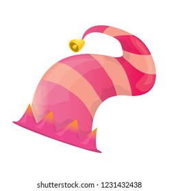 vector funky pink stripped cartoon christmas elf hat isolated on white background. vector kids colorful elf hat icon or label. Christmas decorative design element for banner or poster