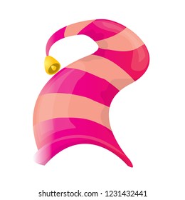vector funky pink stripped cartoon christmas elf hat isolated on white background. vector kids colorful elf hat icon or label. Christmas decorative design element for banner or poster