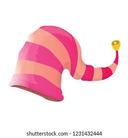 vector funky pink stripped cartoon christmas elf hat isolated on white background. vector kids colorful elf hat icon or label. Christmas decorative design element for banner or poster