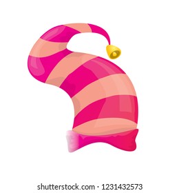 vector funky pink stripped cartoon christmas elf hat isolated on white background. vector kids colorful elf hat icon or label. Christmas decorative design element for banner or poster