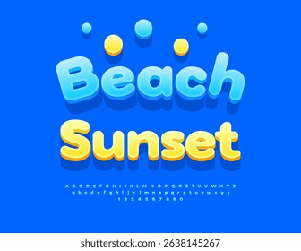 Vector Funky poster Beach Sunset. Creative Isometric Font. Cute Blue Alphabet Letters and Numbers.