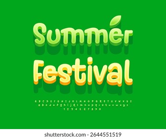 Vector Funky poster Summer Festival. Playful Green 3D Font. Artistic Alphabet Letters and Numbers set	