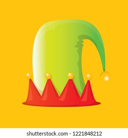 vector funky red and green stripped cartoon christmas elf hat isolated on orange background. vector kids colorful elf hat icon or label. Christmas decorative design element for banner or poster