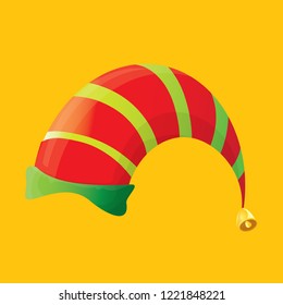 vector funky red and green stripped cartoon christmas elf hat isolated on orange background. vector kids colorful elf hat icon or label. Christmas decorative design element for banner or poster