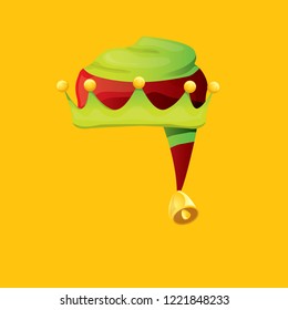 vector funky red and green stripped cartoon christmas elf hat isolated on orange background. vector kids colorful elf hat icon or label. Christmas decorative design element for banner or poster