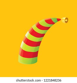 vector funky red and green stripped cartoon christmas elf hat isolated on orange background. vector kids colorful elf hat icon or label. Christmas decorative design element for banner or poster