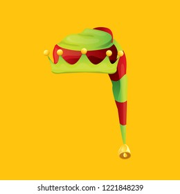 vector funky red and green stripped cartoon christmas elf hat isolated on orange background. vector kids colorful elf hat icon or label. Christmas decorative design element for banner or poster