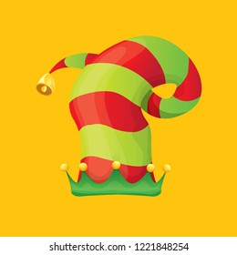 vector funky red and green stripped cartoon christmas elf hat isolated on orange background. vector kids colorful elf hat icon or label. Christmas decorative design element for banner or poster