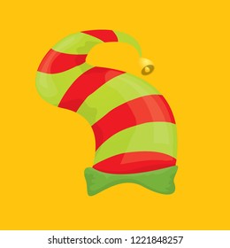 vector funky red and green stripped cartoon christmas elf hat isolated on orange background. vector kids colorful elf hat icon or label. Christmas decorative design element for banner or poster