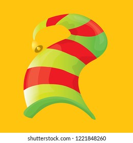 vector funky red and green stripped cartoon christmas elf hat isolated on orange background. vector kids colorful elf hat icon or label. Christmas decorative design element for banner or poster