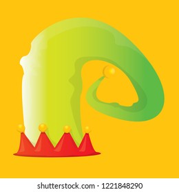 vector funky red and green stripped cartoon christmas elf hat isolated on orange background. vector kids colorful elf hat icon or label. Christmas decorative design element for banner or poster