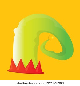 vector funky red and green stripped cartoon christmas elf hat isolated on orange background. vector kids colorful elf hat icon or label. Christmas decorative design element for banner or poster