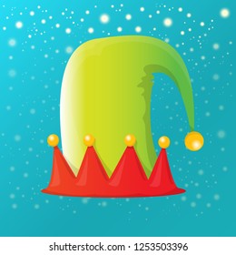 vector funky red and green stripped cartoon christmas elf hat on azure sky background with stars. vector kids colorful elf hat icon or label. Christmas decorative design element for banner or poster