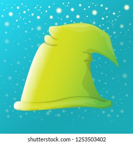 vector funky red and green stripped cartoon christmas elf hat on azure sky background with stars. vector kids colorful elf hat icon or label. Christmas decorative design element for banner or poster